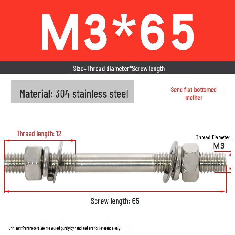 

304 Stainless Steel M3x65 Double-Ended Threaded Rod & Nut Set