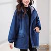 Damjacka i denim med huva och plyschfoder, medellång, stora storlekar, casual, Höst/Vinterkollektion 2025