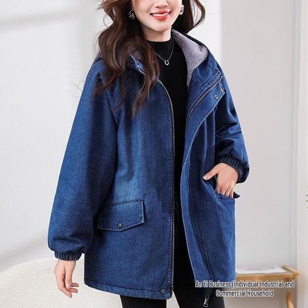 Damjacka i denim med huva och plyschfoder, medellång, stora storlekar, casual, Höst/Vinterkollektion 2025