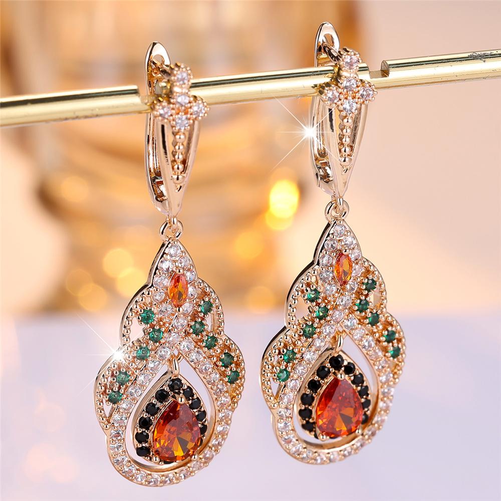 Trendy Crystal Red Zircon Drop Water Hoop Earrings For Women Vintage Gold Color Wedding Jewelry