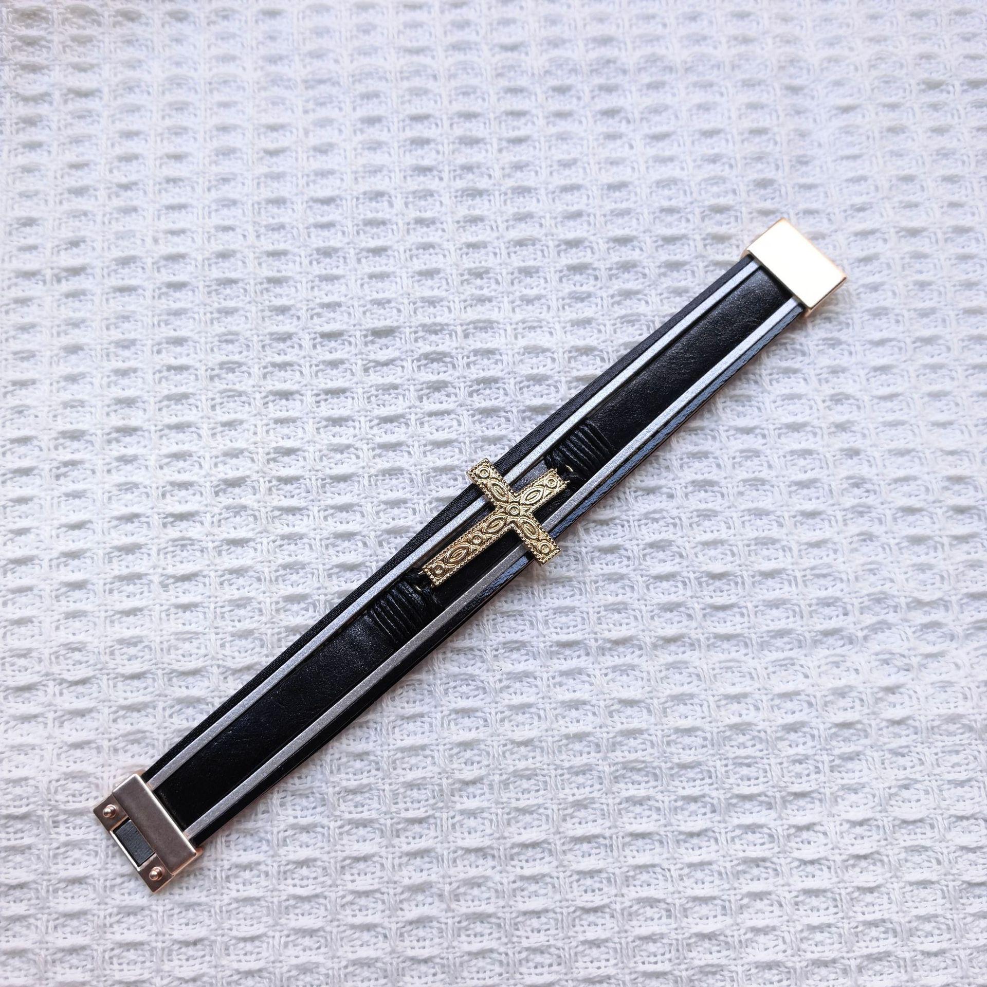 Temu Cross Woven PU Leather Magnetic Bracelet: Best-Selling European-American Fashion Style