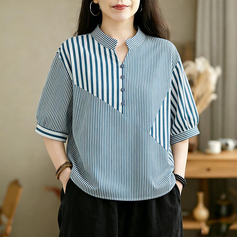 ZANZEA Women Casual V-Neck Half Sleeve Loose Stripe Blouse