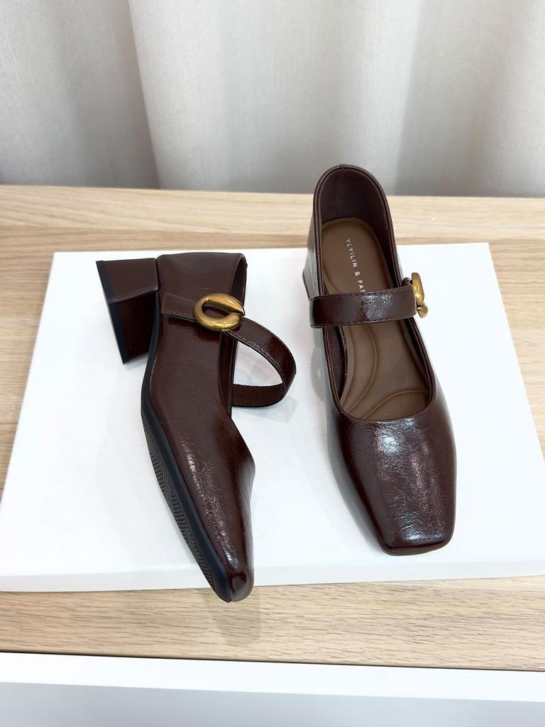 Square head one-word buckle Mary Jane shoes women's shoes 2025 autumn new models with skirts thick high heels and shallow mouth single shoes