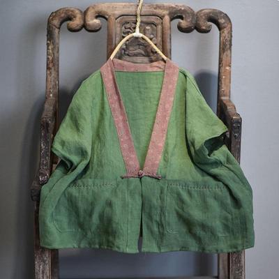 Spring Autumn V-neck Patchwork Single Button Cotton Linen Cardigan Vintage Vests Loose Women Coats