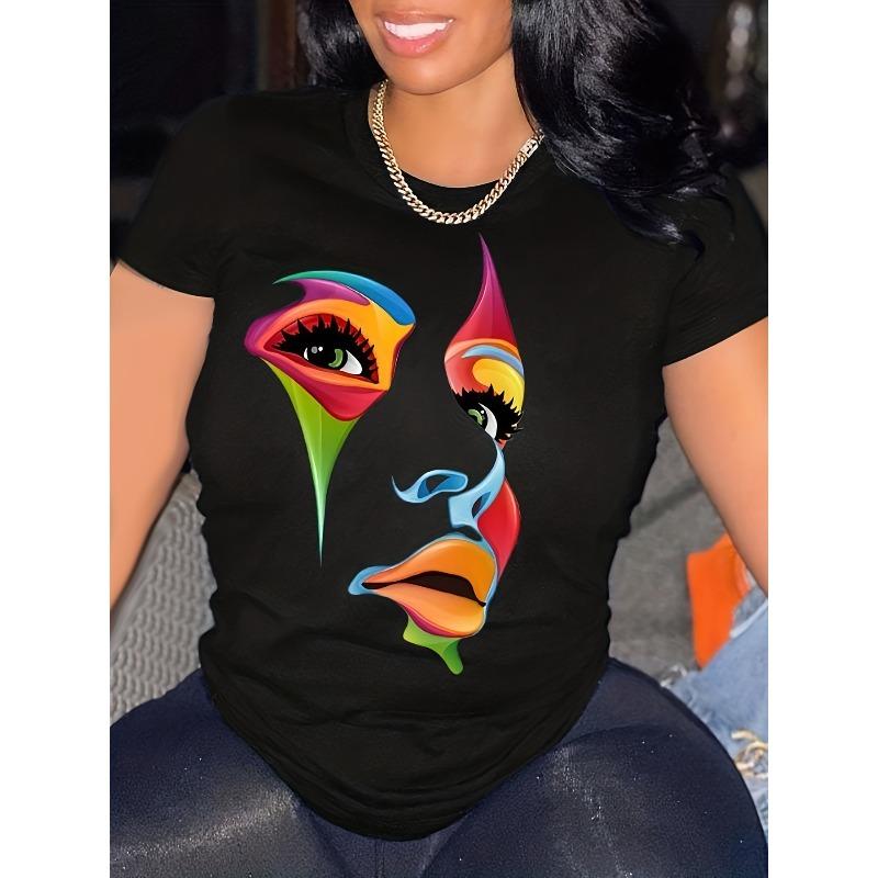 

European Size Plus Size Casual T-shirt, Women s Plus Colorful Figure Print Short Sleeve Round Neck T-shirt 4XL