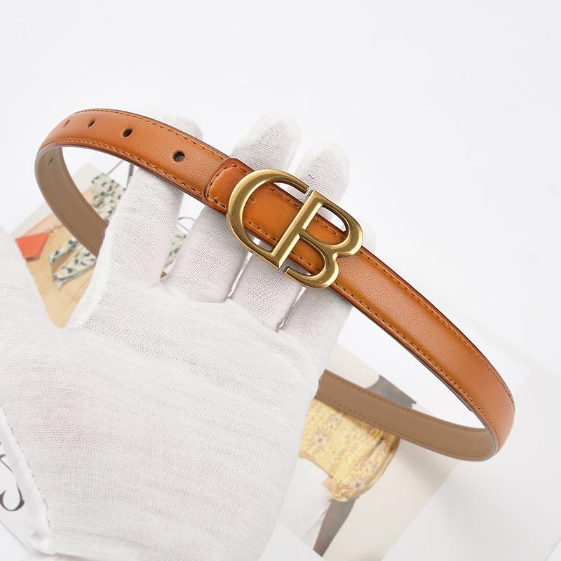 New Two-layer Cowhide Retro Belt 2.0cm Letter Buckle Thin Belt Simple and Fashionable Women's Trousers Belt