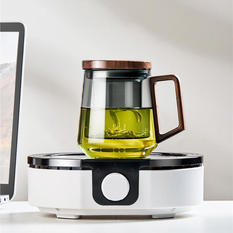 Luxury Smoky Gray Borosilicate Glass Tea Infuser Cup with Wood Handle