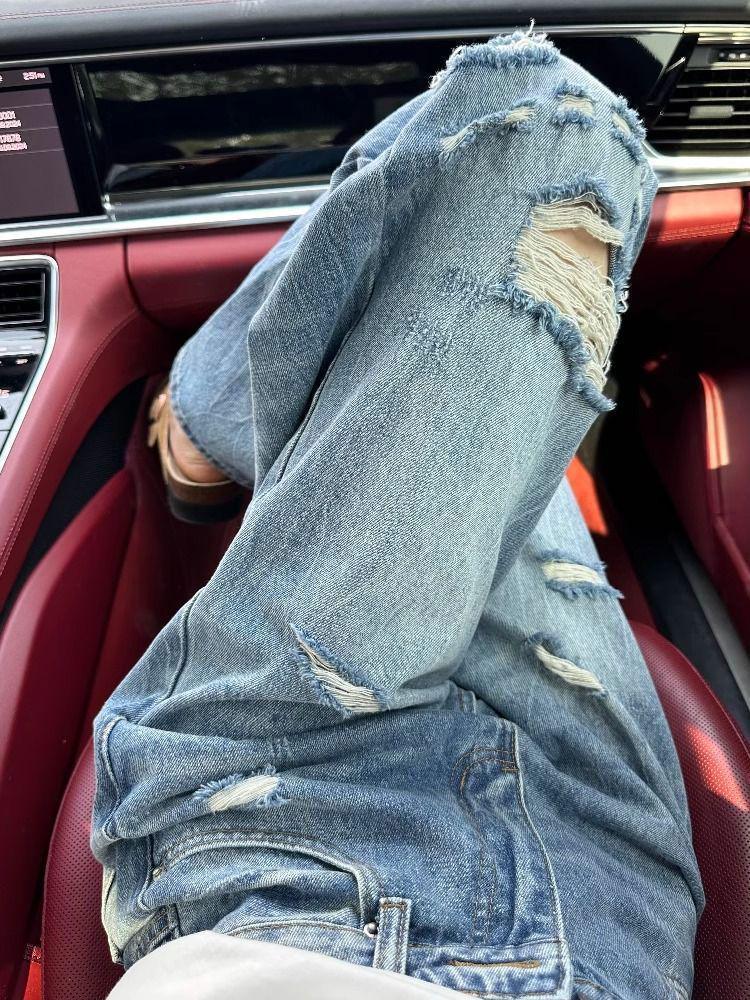 Plus Size Women s High-Waist Ripped Straight-Leg Jeans 2025 - Stylish Washed Wide-Leg Pants 3XL [High Quality] синий