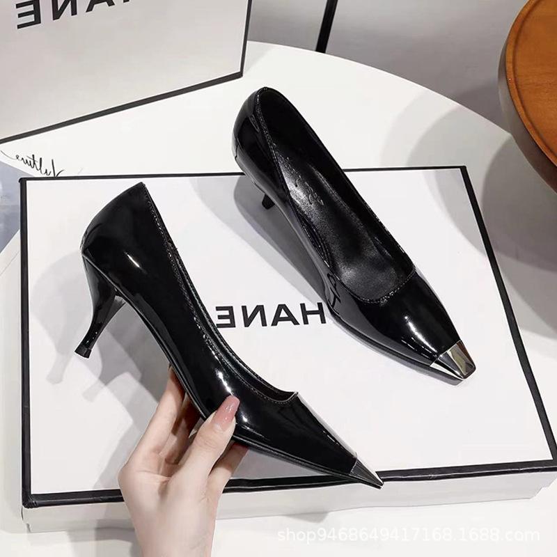 2025 summer new black patent leather high heels stiletto temperament square head French girl professional fashion single shoes women