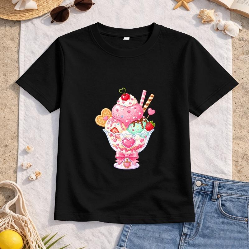 Girls Heart Sundae Ice Cream Print Crewneck Short Sleeve Tee, Soft Breathable Top for School Travel Daily