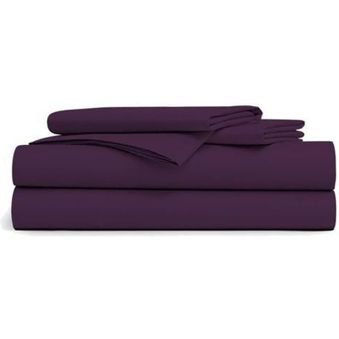 Drap Plat - DUBLANC - 240x300cm - Prune - 100% Coton - Grand Bonnet Extensible