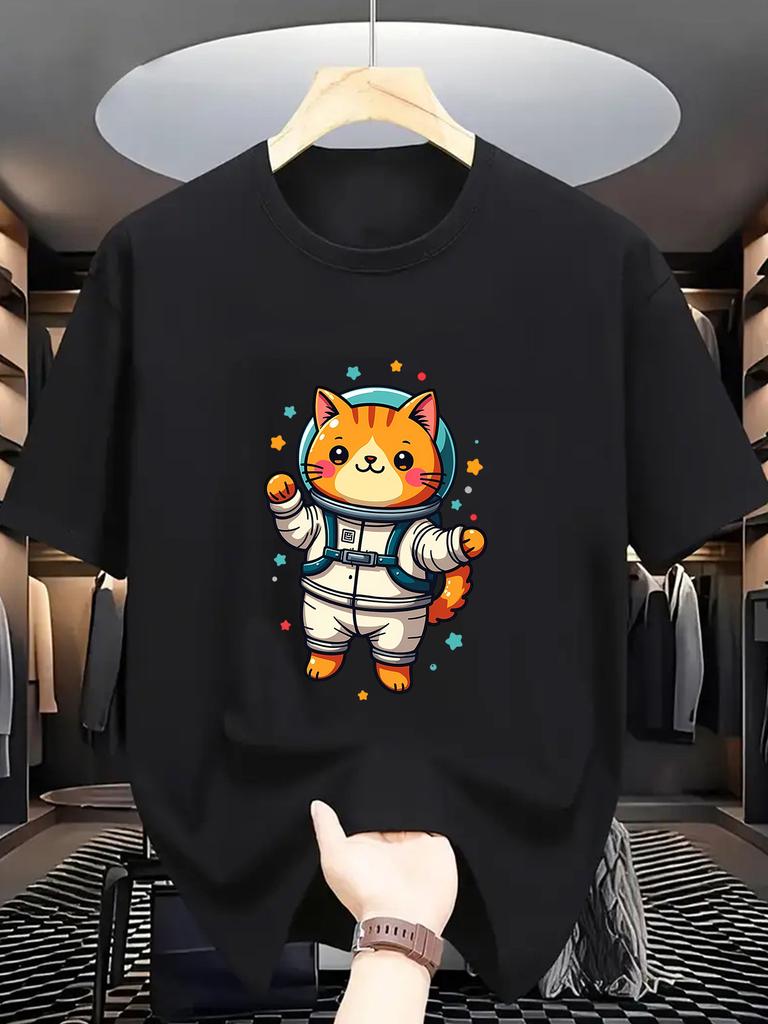 Space Cat Astronauten-Aufdruck Herren U-Ausschnitt T-Shirt, Lustiges Cartoon-Design, Lässig Bequem für alle Jahreszeiten, Geeignet für junge Leute, die Sci-Fi lieben