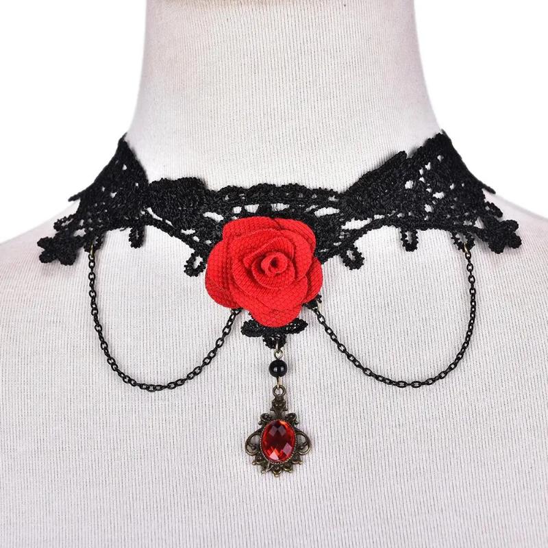 Collares Sexy Gothic Chokers Crystal Gear Chain Black Lace Neck Choker Necklace Vintage  Women Chocker Steampunk Jewelry