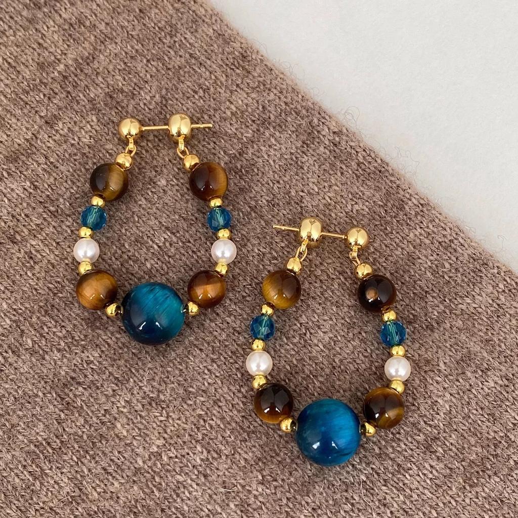 Vintage Natural Stone Colored Round Beads Pendant Gold Color Earrings for Women 2026 Trendy Jewelry Unique Ear Accessories Gift
