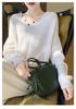 Women's V-Neck Cable Knit 100% Wool Sweater - Autumn Winter Solid Color, Loose Fit, Long Sleeve, Lazy Style, Base Layer.