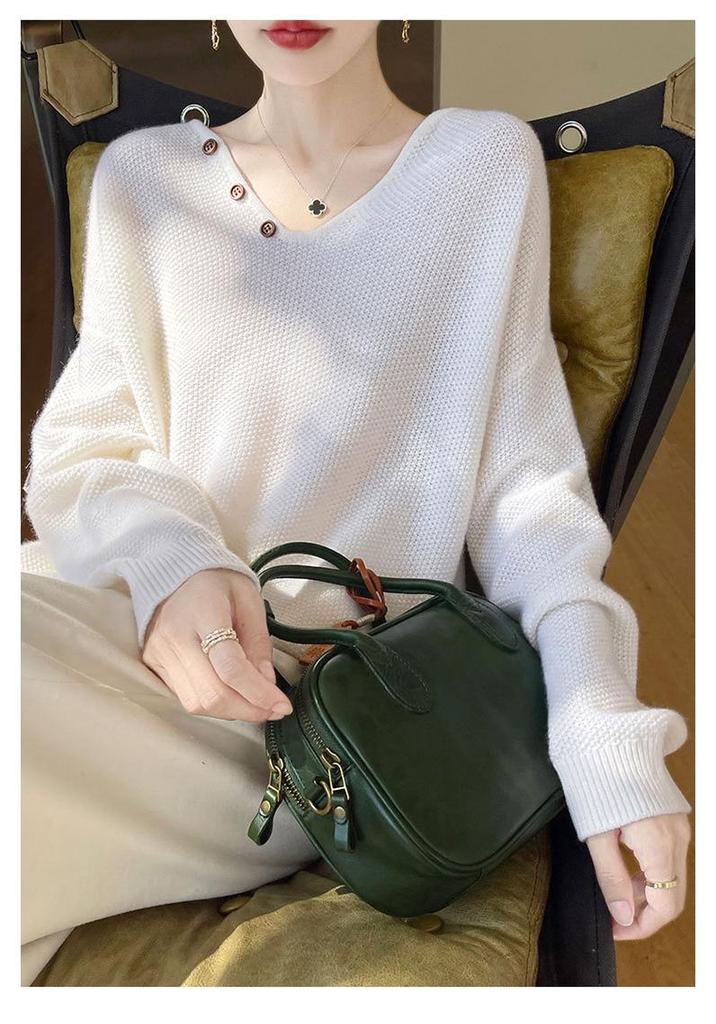 Women's V-Neck Cable Knit 100% Wool Sweater - Autumn Winter Solid Color, Loose Fit, Long Sleeve, Lazy Style, Base Layer.