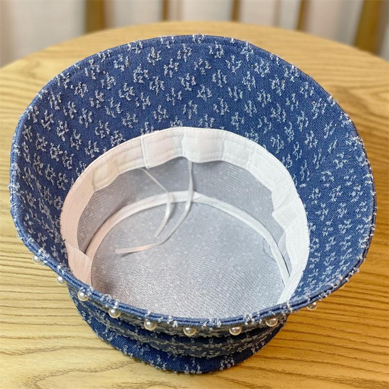 New Retro Washed Denim Pearl Bucket Hat Women's Autumn and Winter Bucket Basin Hat Children