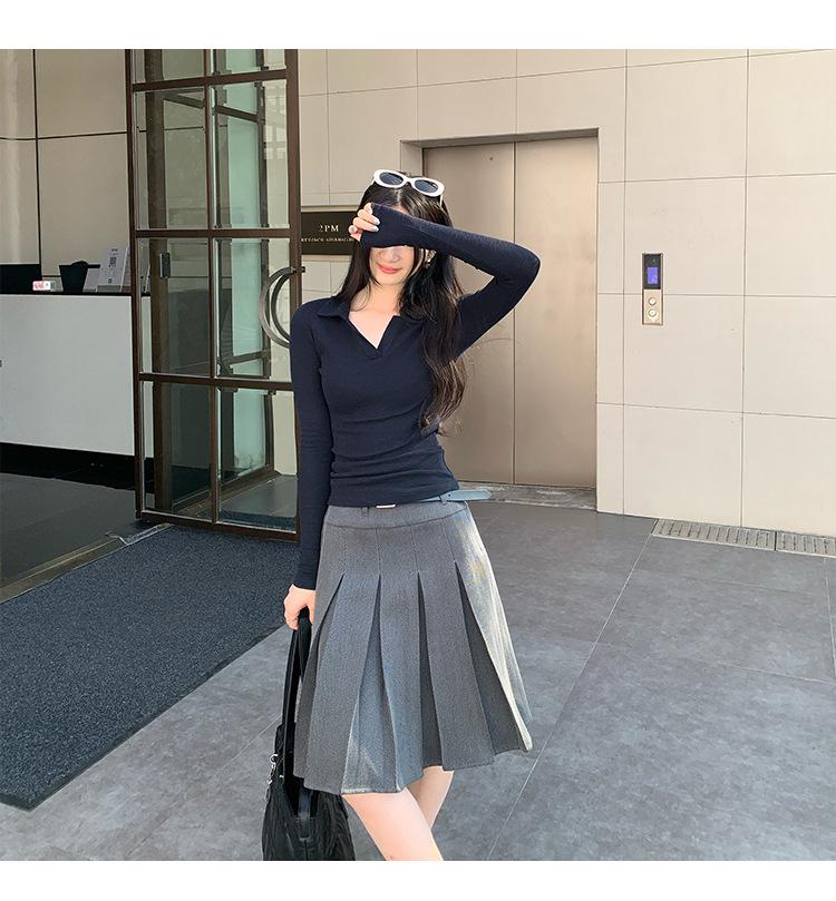 Elegant Korean Style Grey Slim Fit Lapel T-shirt: Women's Autumn/Winter Long Sleeve Base Layer Top