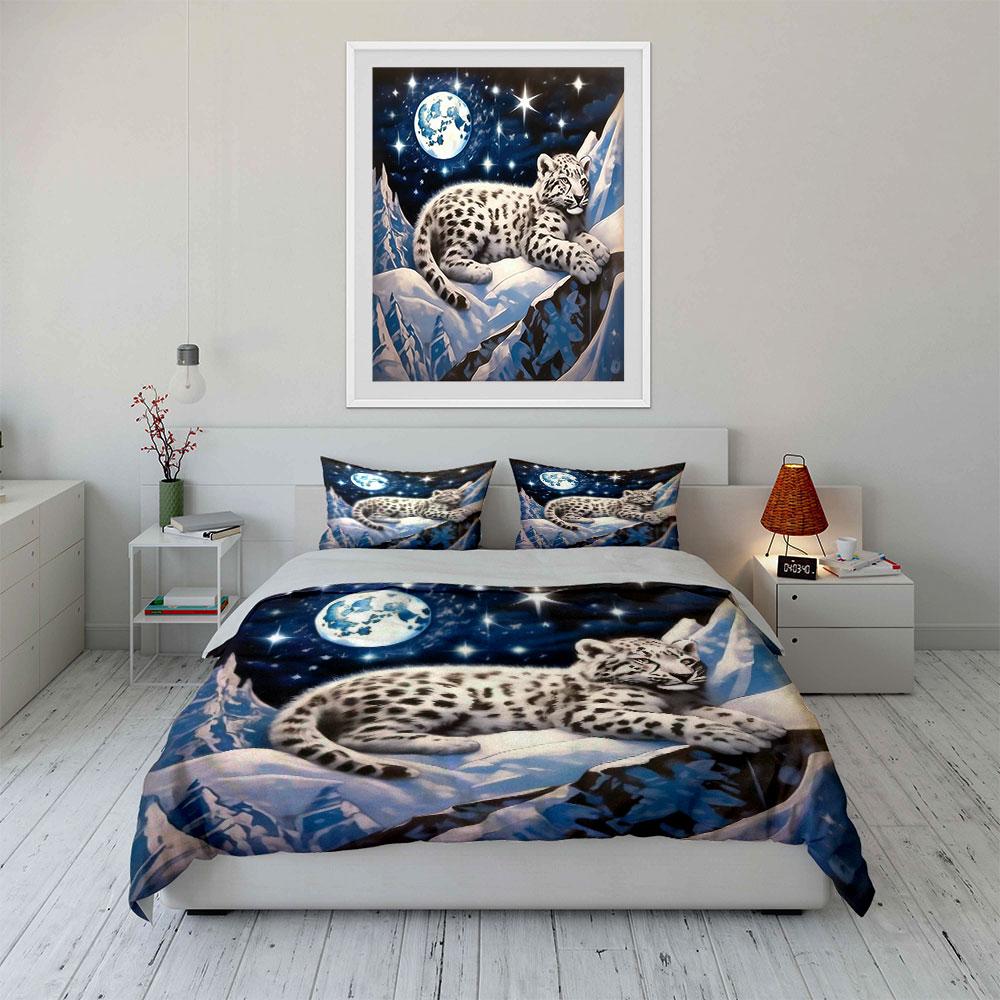 Starry Full Moon Snow Mountain Snow Leopard Cub Bedding SetSoft Skin-Friendly Bedding Set1 Duvet Cover And 2 Pillowcase Gift