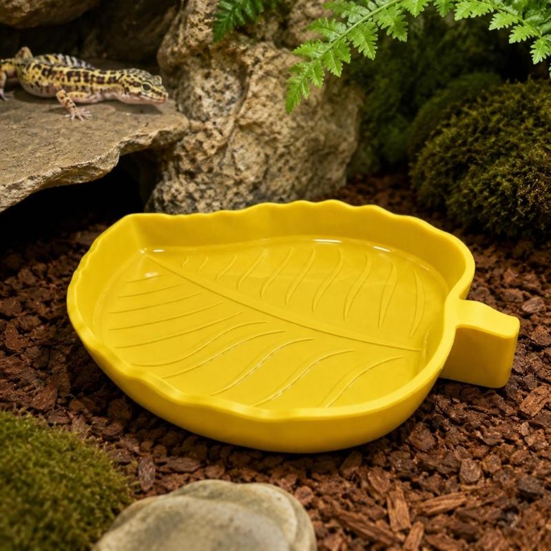 Molded Plant-Form Bowl Pair for Small Herps, Textured Plastic Dishes with Open Interiors for Food or Drinking Water