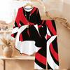 Geometric Pattern Print Two Piece Outfit Women Long Sleeve Irregular Hem Tunic Top Wide Leg Pants Casual Matching Set