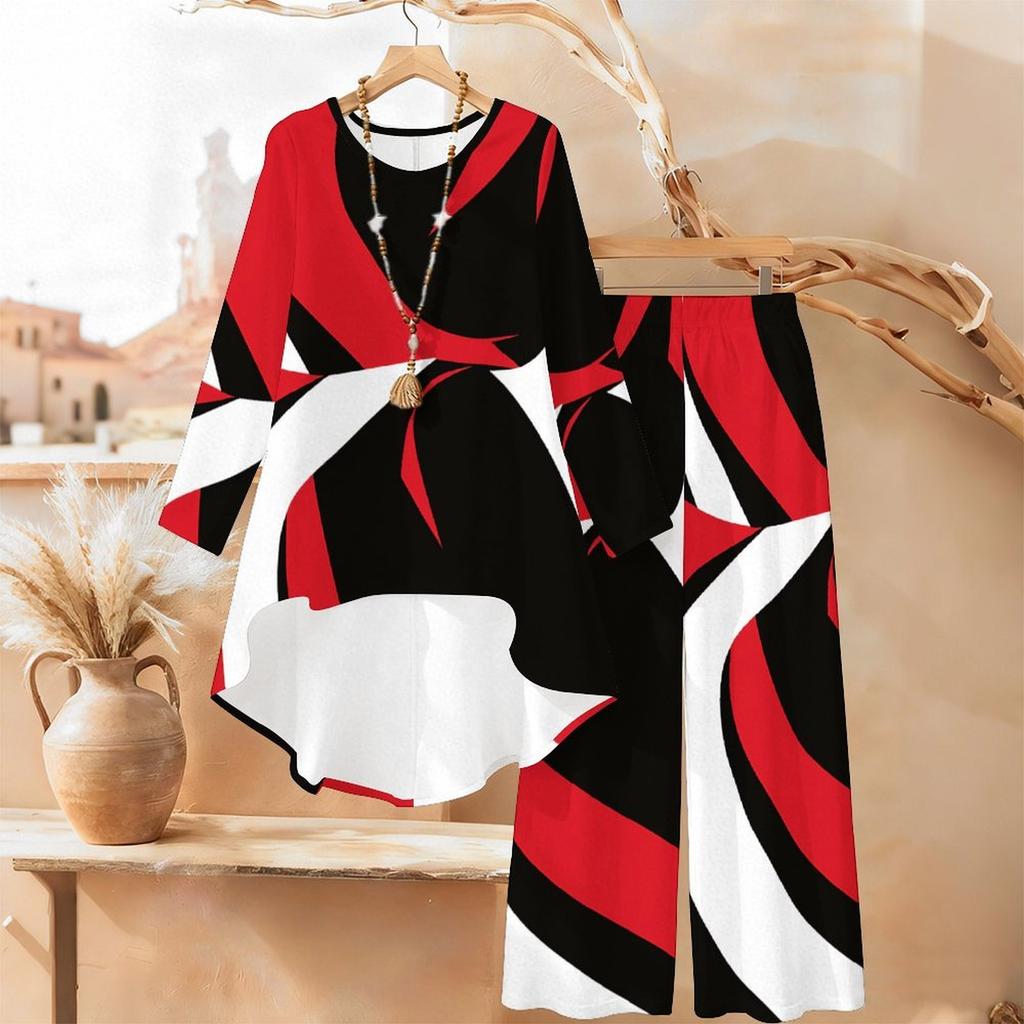 Geometric Pattern Print Two Piece Outfit Women Long Sleeve Irregular Hem Tunic Top Wide Leg Pants Casual Matching Set