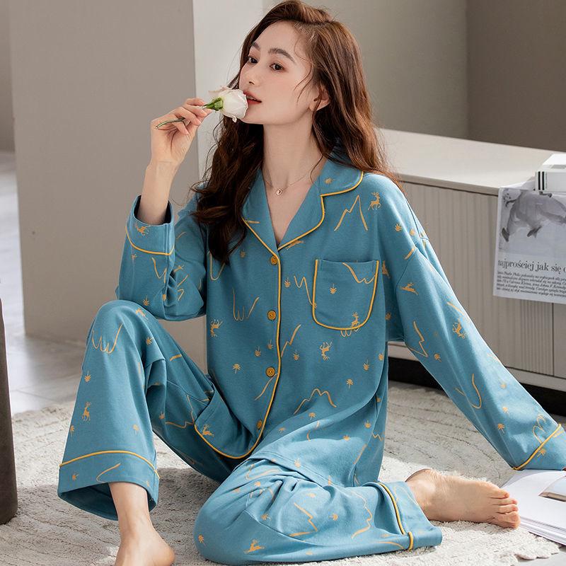 Damen Übergröße Baumwoll-Cardigan-Pyjama-Set - Langärmlig, Zweiteilig, Perfekt für Herbst/Frühling