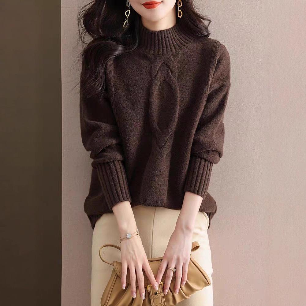 Women's Twisted Cable Knit Sweater - Half-High Neck, Lazy Style, Solid Color, Warm Base Layer for Autumn and Winter.