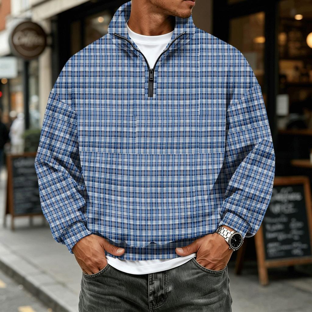 Men's Flannel Long Sleeve Sweatshirt with 1/4 Zip and Plaid Print for Casual Wear