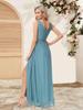 European & American Women’s Chiffon A-Line Evening Dress with Double V-Neck, Sleeveless Design, Slit, and Elastic Waist.