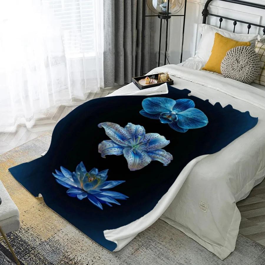 Blue Floral Design Microfiber Flannel Cover Blanket Bedroom Living Room Sofa Soft And Comfortable Home Decoration