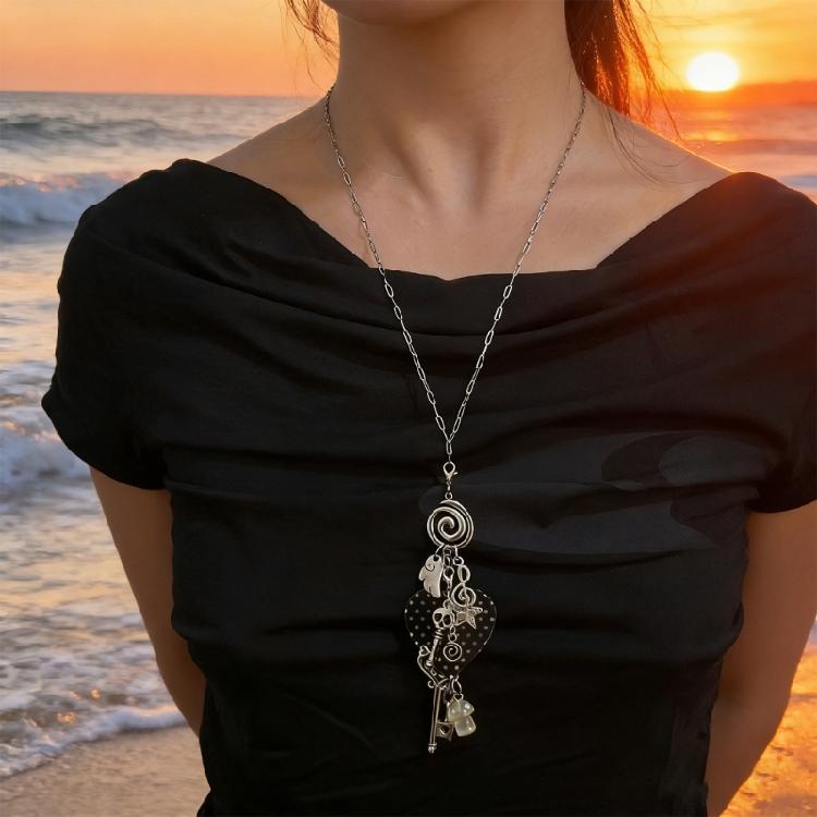 Trendsetting 60cm Extendable Charm Necklace Showcasing Artistic Dot Heart Skull And Spirals Details Elegant Clavicle Chai