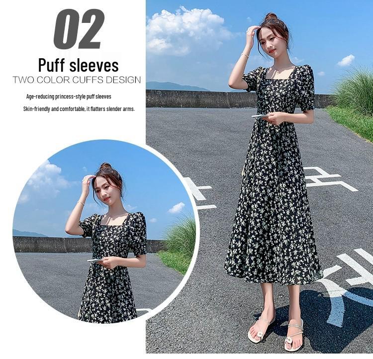 Summer 2025 Petite Black Floral Square Neck Dress - Slimming and High-End Fashion
