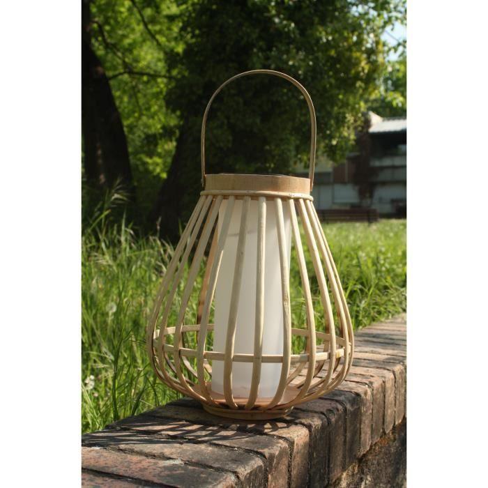 Solar Lamp - Marta - Beige - Natural Bamboo - Flame Effect Lighting - USB and Solar Charging
