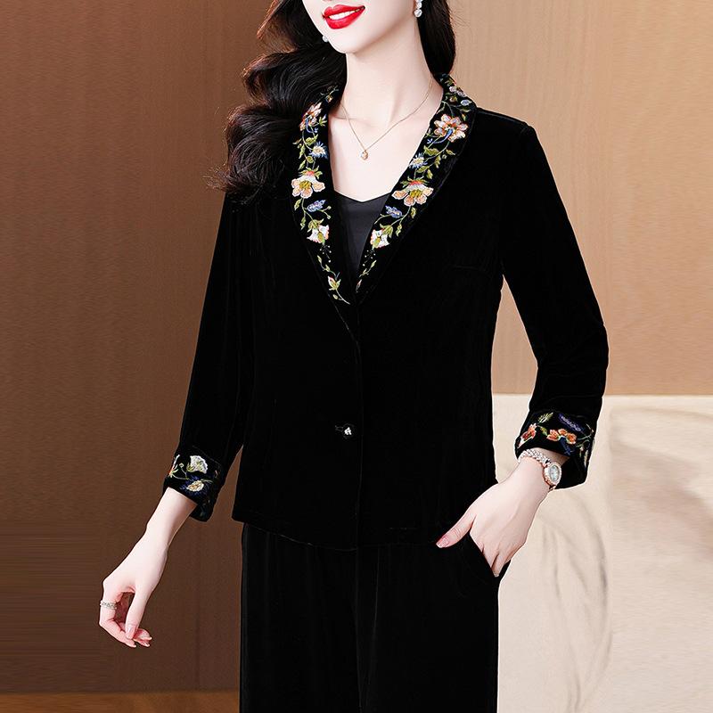 

Блейзер Темперамент Костюм для матери Рукав девять четвертей Топ с вышивкой Mulberry Высококачественное пальто в стиле ретро для женщин 2XL чёрный