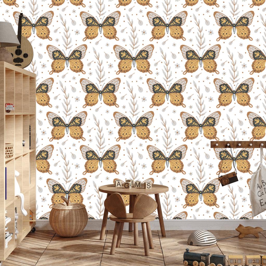 Rainbows and Butterflies Boho Wallpaper, Gold and Light Gray, 50x1000