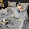 New Summer Cool Quilt Washable Ice Silk Feather Embroidery 4 Piece Bedding Set Queen Size