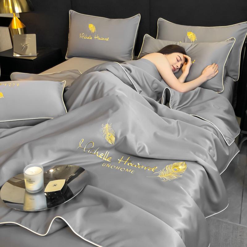 New Summer Cool Quilt Washable Ice Silk Feather Embroidery 4 Piece Bedding Set Queen Size