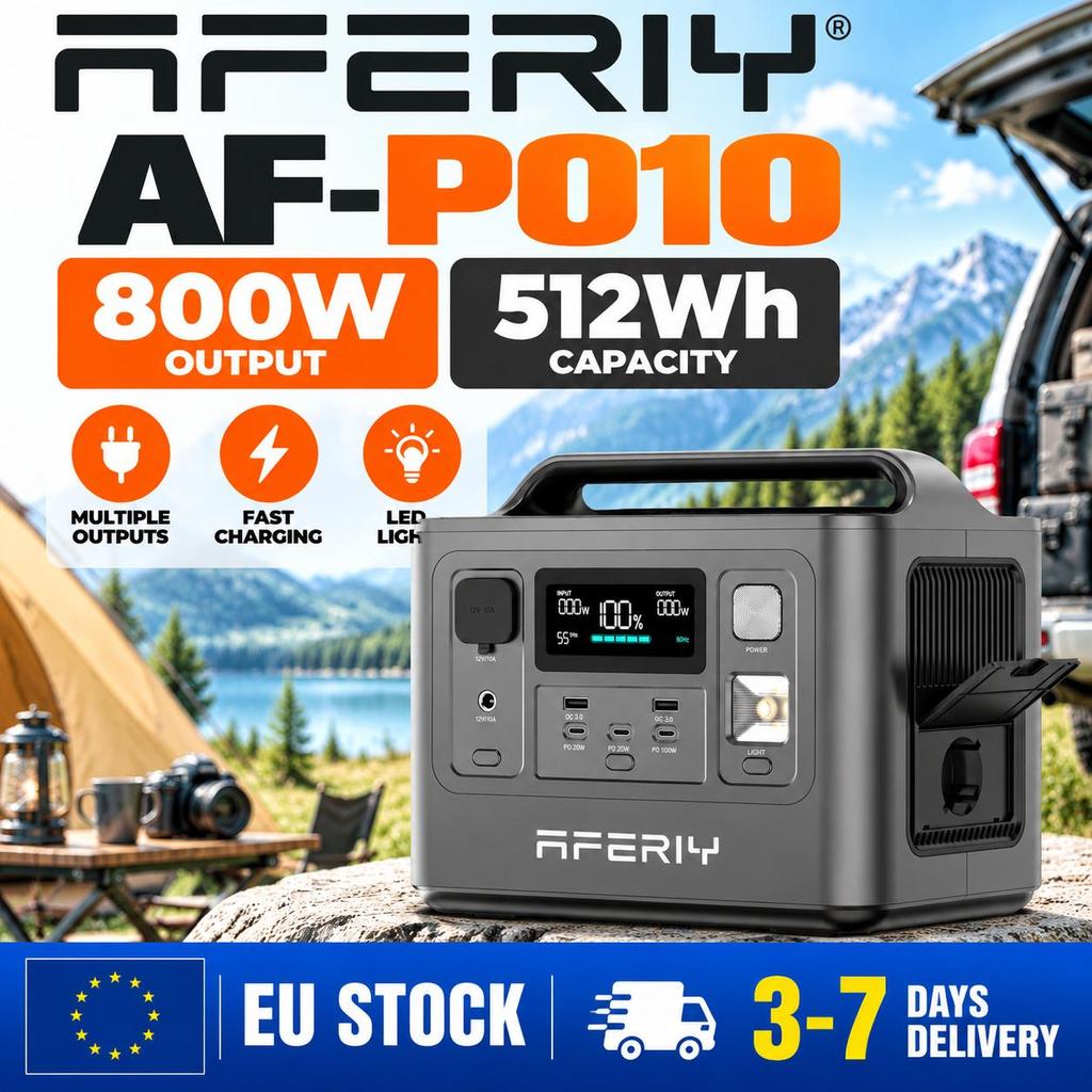 AFERIY AF-P010 800W 512Wh Portable Power Station, LiFePO4 UPS Solar Generator for Camping RV Home Emergency