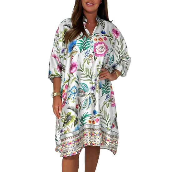 Women's Plus Size Boho Dress Floral Print Short Sleeved Button Up V Neck Dress Knee Length Summer Casual Shirt Dress