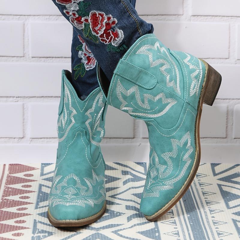 Vintage Floral Embroidered Pointed-Toe Ankle Boots - Turquoise Faux Cover Slip-On Chunky Mid-Heel Shoes with Rubber Sole & Fabric Lining