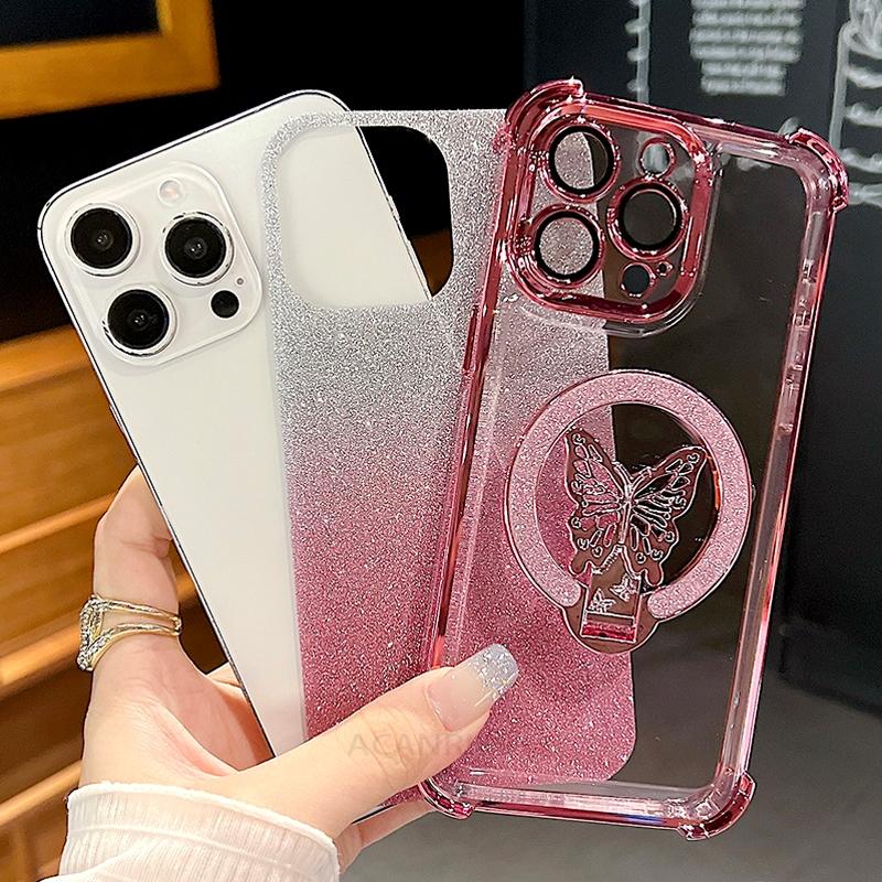 Glitter Luxury Butterfly Bracket Plating Frame Soft Case For Redmi Note 15 14 Pro Plus 4/5G 15C 14C A5 Anti-Drop Protect Cover