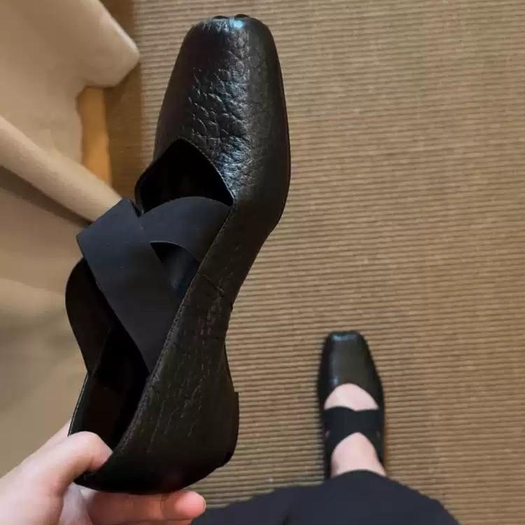 Sheepskin Version~ Minimalist Ballet Style Cross Belt Fashion Single Shoes Women's Leather Comfortable Soft Sole One Pedal Shallow Mouth Single Shoes