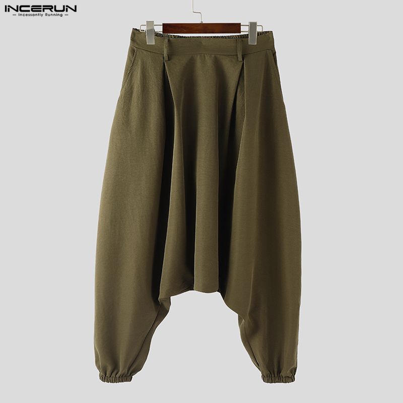 INCERUN Men Elastic Waist Casual Long Drop-crotch Pants Side Rivet Trousers