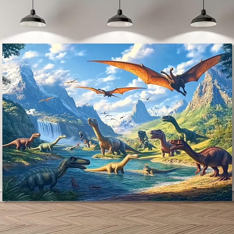Realistische Dinosaurier-Fluss-Wandteppich, Prähistorischer Jura-Wasserfall & Bergwand-Dekor für Jungenzimmer