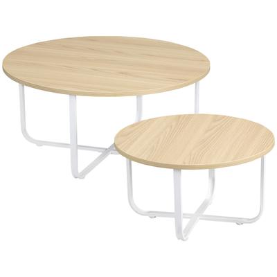 Set of 2 Coffee Tables Diameter 65x32 Cm and Diameter 45x26 Cm with Wooden Top and Metal Legs Natural and White