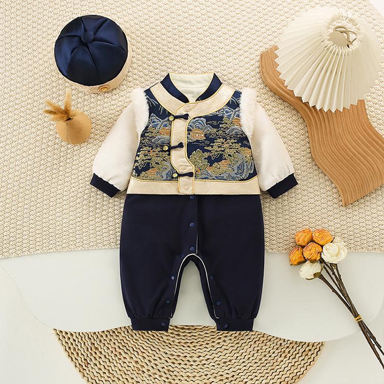 New Autumn/Winter Baby Fleece Romper: Chinese Style Harem Suit for Boys - Perfect for Birthdays and New Year Celebrations