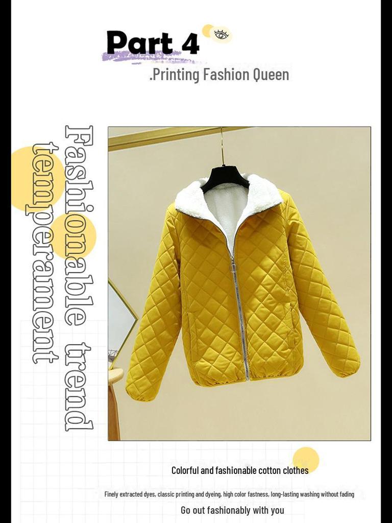 2024 Fall/Winter Women's Lambskin Cotton Coat - Stand-up Collar, Casual Loose Fit, Warm and Stylish Diamond Check Design.