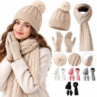 3Pcs/Set Thicken Knit Beanie Snood Set Warm Touchscreen Gloves  for Men Women