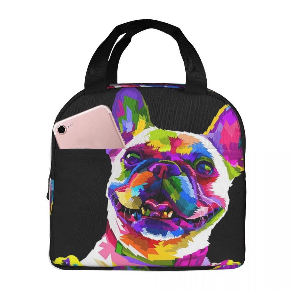 Colorful Cute Graffiti Bulldog Smile Print Insulated Lunch Bag for Women Kids Portable Food Boxes Thermal Lunch Box Tote